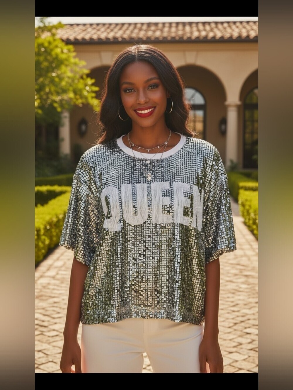 Say What Silver Sequin QUEEN Graphic Top Oversized Sparkle Party Plus Size 3X
